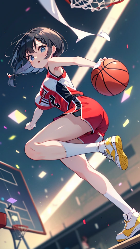 Highest quality、High resolution、Detailed Background、Beautiful Face、High detail、(Perfect Anatomy, Perfect Style)、(Detailed facial expressions)、(fine grain:1.2)、age Beauty、(very wide shot:1.5, full body:1.4), One Girl、, Cute black hair、Braided Bob, Braided, clear, deep blue eyes、Braided Ponytail, Braided bob cut, Basketball game in the gym, jumping:1.5, dunking:1.5, brake, Incredible jumping ability:1.5, Suspended in the air in a shooting position:1.5, Incredible jumping power and long flight times, ((aerial view:1.5, shoot from behind:1.5, looking away)), (Bright red basketball uniform:1.5, White Line、Same color above and below, No sleeve:1.5, Shorts, High-cut basketball shoes)、(armpit:1.2), ((large breasts:1.2, pointy breasts:1.2, high breasts:1.2)), Throw a basketball held above your head into the top of the goal, Dunk Shot、The goal ring is 3m above the ground.