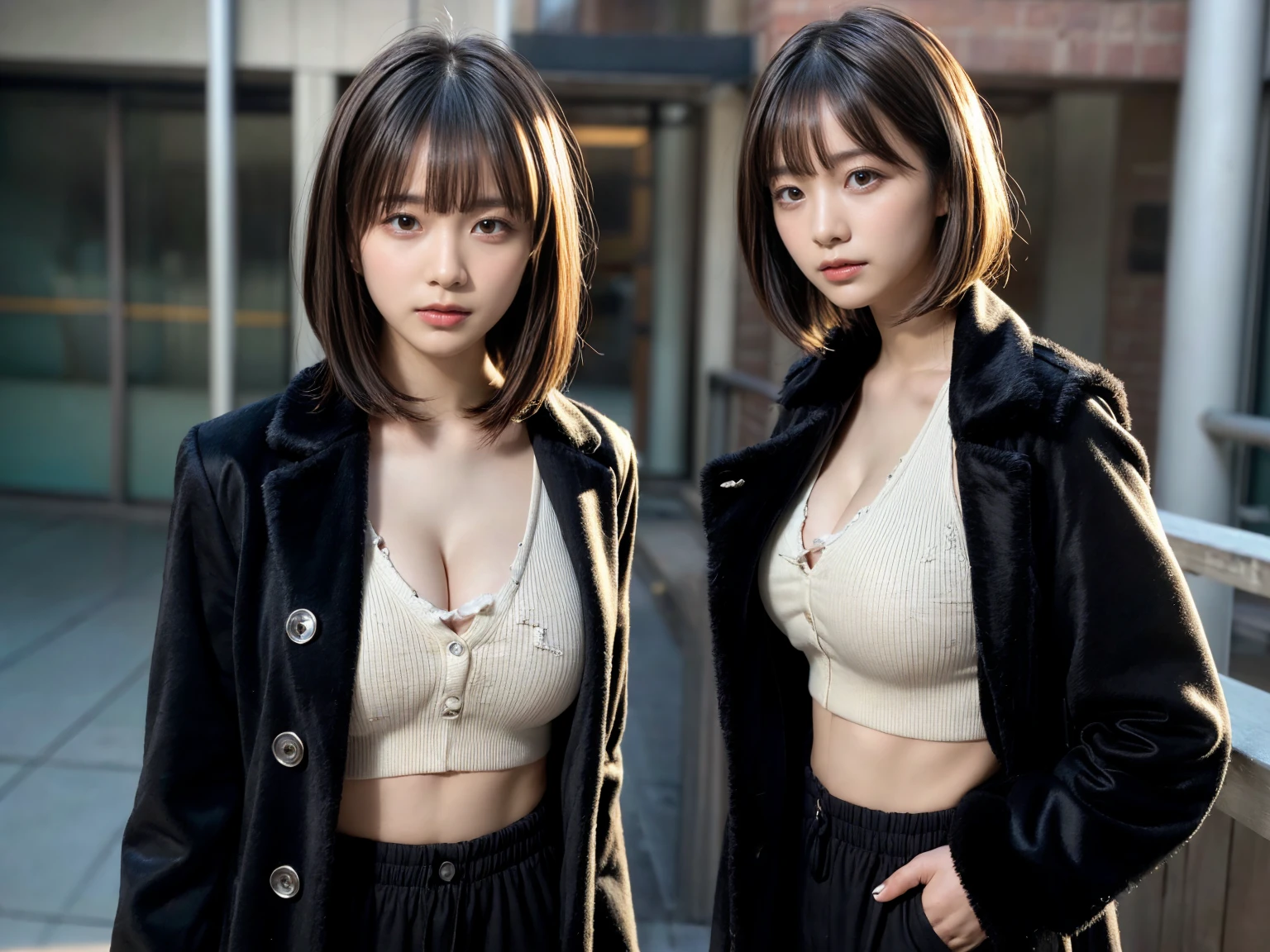 1 girl, With bangs,Beautiful black hair,Woman with straight medium bob cut,huge breasts,,21-year-old female,(((No hat))),Aspacarina,((Shy expression)), large breasts, expresses the roundness and softness of your chest, Don't expose it,Very beautiful eyes, ,(((Wearing a tattered black coat))),,(make:1.4),Big eyes,Hip Hop Dancer,Gangster style long pants,8k,High resolution,Gangster style,(head shot:1.5)