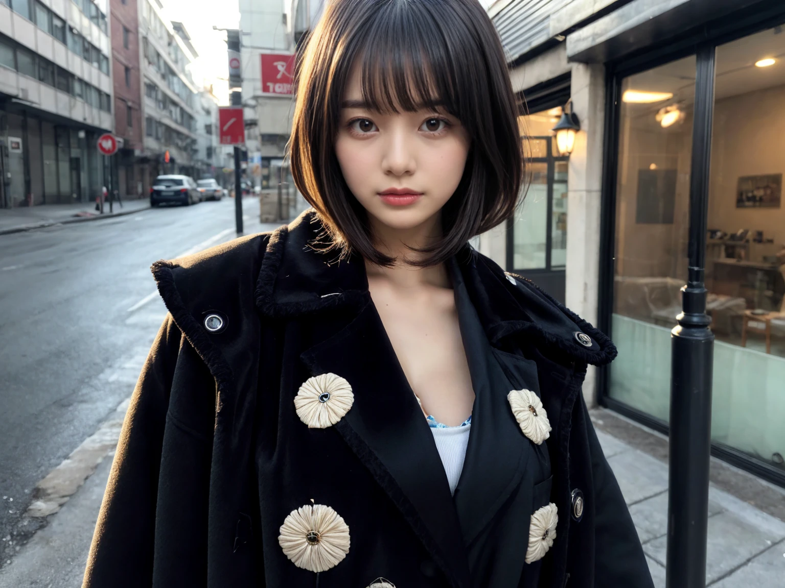 1 girl, With bangs,Beautiful black hair,Woman with straight medium bob cut,huge breasts,,21-year-old female,(((No hat))),Aspacarina,((Shy expression)), large breasts, expresses the roundness and softness of your chest, Don't expose it,Very beautiful eyes, ,(((Wearing a tattered black coat))),,(make:1.4),Big eyes,Hip Hop Dancer,Gangster style long pants,8k,High resolution,Gangster style,(head shot:1.5)