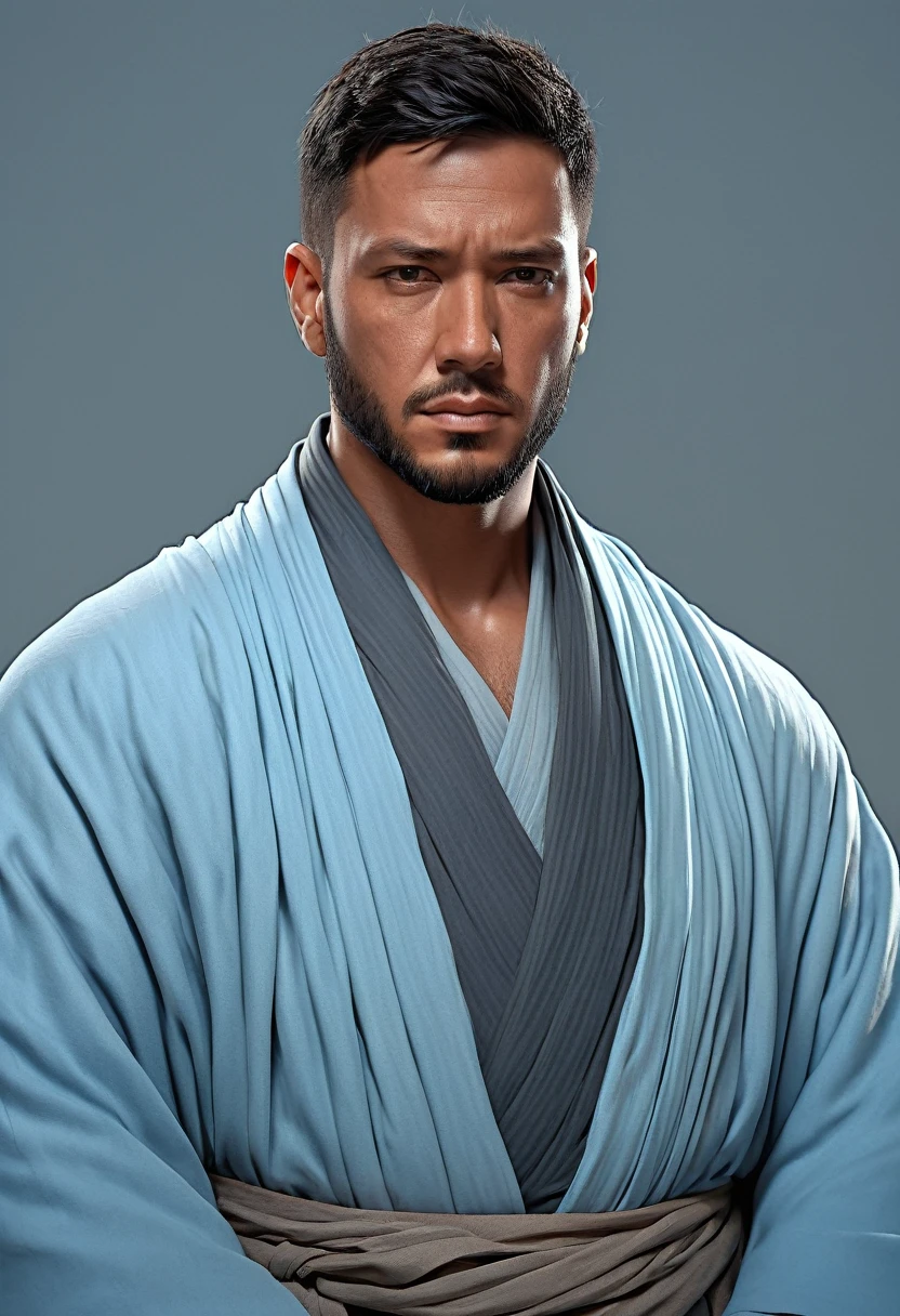 a portrait of a brooding handsome human man in his early 20s with brown eyes, short black hair, angular features, wearing gray and pale blue robes, character portrait by senior character artist, Artstation, fantasy art, stunning character art, fantasy concept art portrait, epic exquisite character art, character portrait art, fantasy character portrait, fantasy male portrait, character concept art portrait, character art portrait, handsome man, (muted natural colors: 1.3), 1 critical role, human ears, very muscular, wearing gray and pale blue robes, evil male sorcerer, monochromatic background
