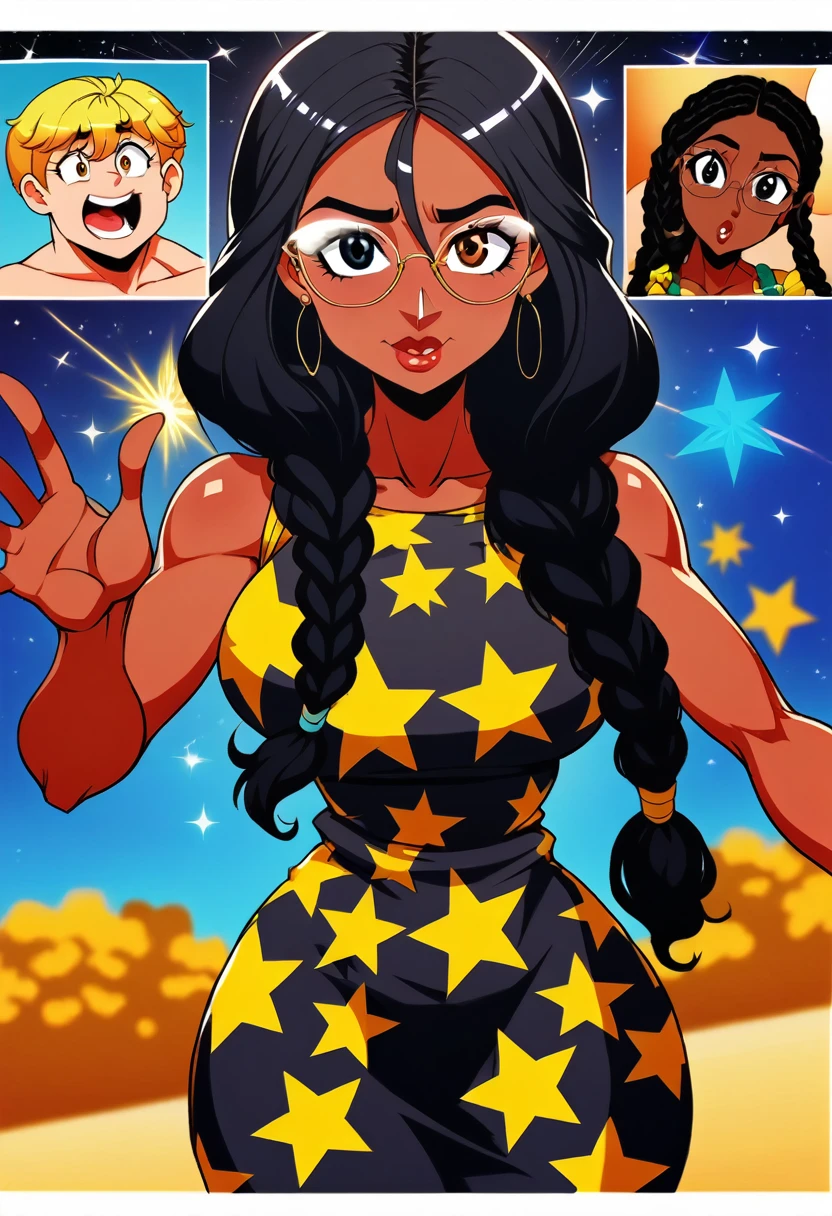 fourth of july ,block party, night, fireworks (Two beautiful girls holding a banner with text "happy", "july", "fourth"," ❤️") connie maheswaran (left side, Fit woman with dark skin, an oblong-shaped face, vivacious black eyes, a narrow convex hooked nose, perfect square body, black eyes, long black hair, toned, curvy hips, dragonbraid and a firm chest wearing a blue stars and black stripe print summer dress ); and sassy ( right side, an african-american-Caribbean woman, voluptuous, curvy, strong, shortie, sensuously cool, braided black hair, soft heart-shaped face, concaved Nubian button nose, heart-shaped physique, heart hips, glasses, heterochromia wine and brown eyes. Wearing a orange stars and black stripe print mini summer dress), Perfect characters perfect hands, perfect Face, perfect eyes, perfect physiques, dynamic perspective, ultra absurdres, ultra-detail, screencap, beautiful aesthetic, extravagant composition, hdr, uhd, sharp gradients, deep highlights, 8k, 2.5d, cel-shaded, ray tracing, masterpiece, best quality, high extravagance, high exposure, depth of field, ultra background, detailed smooth textures, 