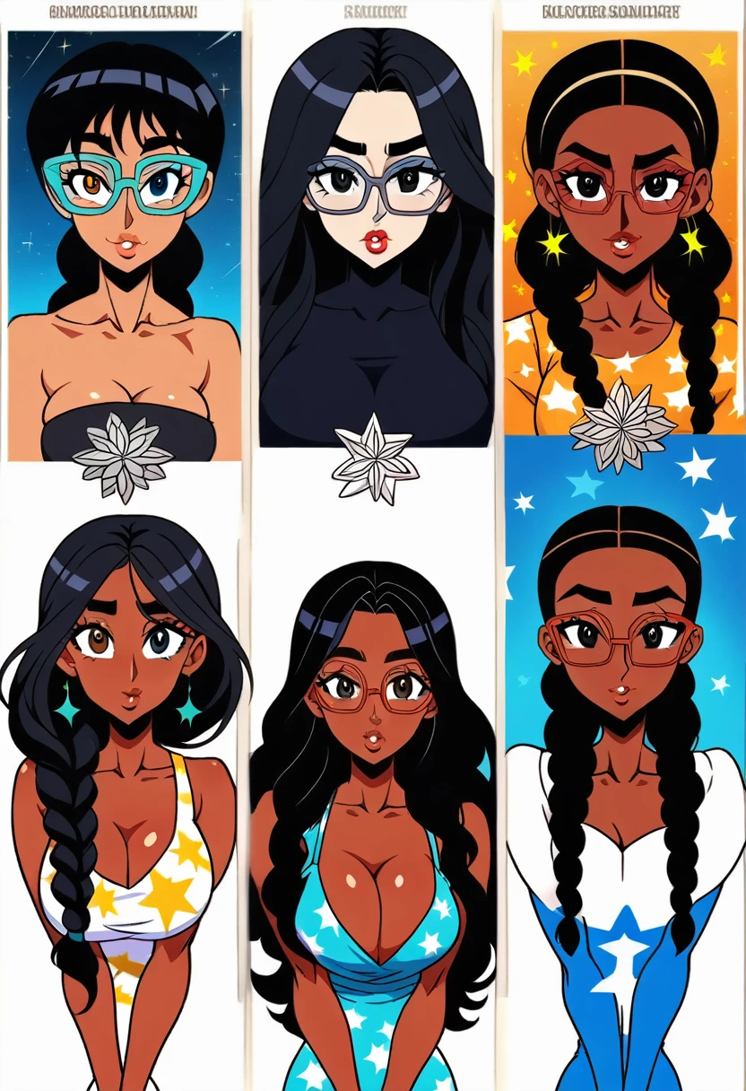 fourth of july ,block party, night, fireworks (Two beautiful girls holding a banner with text "happy", "july", "fourth"," ❤️") connie maheswaran (left side, Fit woman with dark skin, an oblong-shaped face, vivacious black eyes, a narrow convex hooked nose, perfect square body, black eyes, long black hair, toned, curvy hips, dragonbraid and a firm chest wearing a blue stars and black stripe print summer dress ); and sassy ( right side, an african-american-Caribbean woman, voluptuous, curvy, strong, shortie, sensuously cool, braided black hair, soft heart-shaped face, concaved Nubian button nose, heart-shaped physique, heart hips, glasses, heterochromia wine and brown eyes. Wearing a orange stars and black stripe print mini summer dress), Perfect characters perfect hands, perfect Face, perfect eyes, perfect physiques, dynamic perspective, ultra absurdres, ultra-detail, screencap, beautiful aesthetic, extravagant composition, hdr, uhd, sharp gradients, deep highlights, 8k, 2.5d, cel-shaded, ray tracing, masterpiece, best quality, high extravagance, high exposure, depth of field, ultra background, detailed smooth textures, 