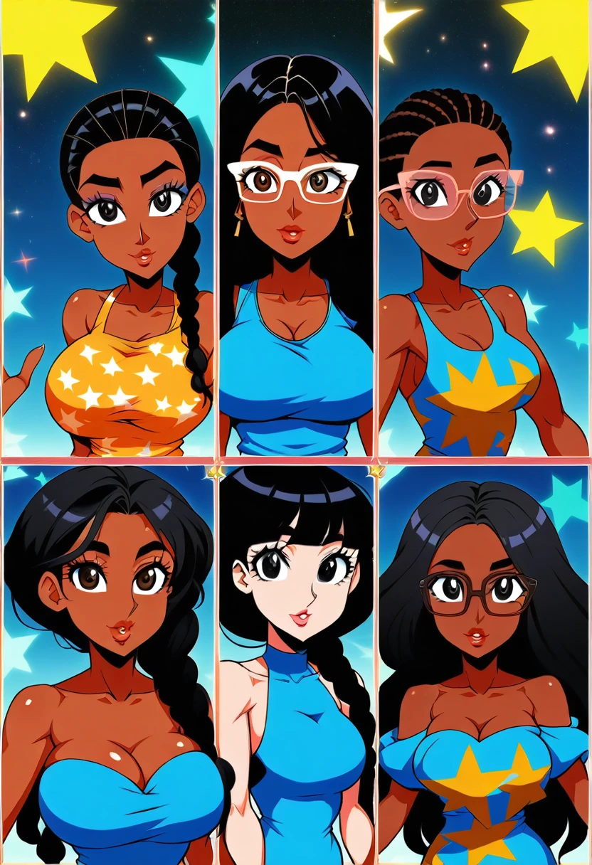fourth of july ,block party, night, fireworks (Two beautiful girls holding a banner with text "happy", "july", "fourth"," ❤️") connie maheswaran (left side, Fit woman with dark skin, an oblong-shaped face, vivacious black eyes, a narrow convex hooked nose, perfect square body, black eyes, long black hair, toned, curvy hips, dragonbraid and a firm chest wearing a blue stars and black stripe print summer dress ); and sassy ( right side, an african-american-Caribbean woman, voluptuous, curvy, strong, shortie, sensuously cool, braided black hair, soft heart-shaped face, concaved Nubian button nose, heart-shaped physique, heart hips, glasses, heterochromia wine and brown eyes. Wearing a orange stars and black stripe print mini summer dress), Perfect characters perfect hands, perfect Face, perfect eyes, perfect physiques, dynamic perspective, ultra absurdres, ultra-detail, screencap, beautiful aesthetic, extravagant composition, hdr, uhd, sharp gradients, deep highlights, 8k, 2.5d, cel-shaded, ray tracing, masterpiece, best quality, high extravagance, high exposure, depth of field, ultra background, detailed smooth textures, 