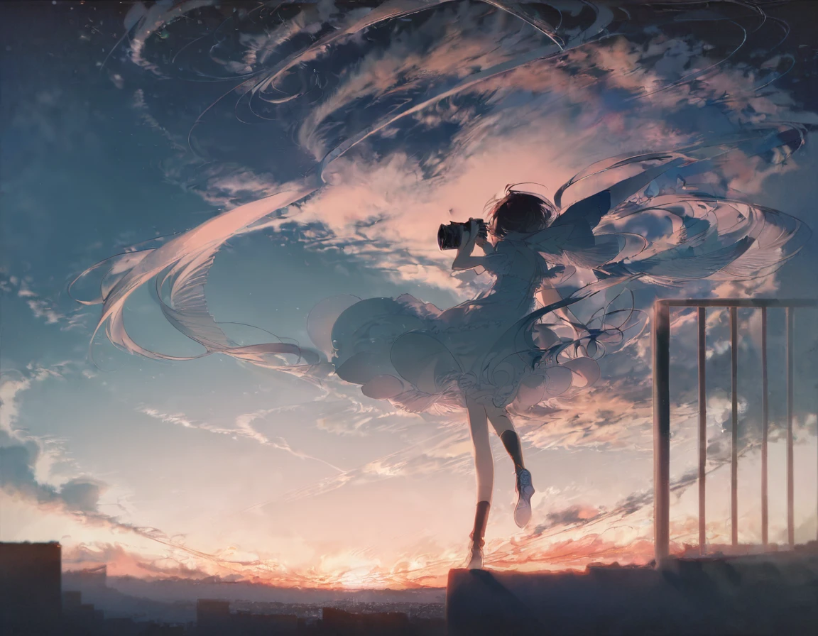 high quality, best quality, by rella, 1girl, solo, sky, cloud, scenery, outdoors, dress, railing, day, sunset, white dress, short sleeves, wide shot, camera, black socks, centered