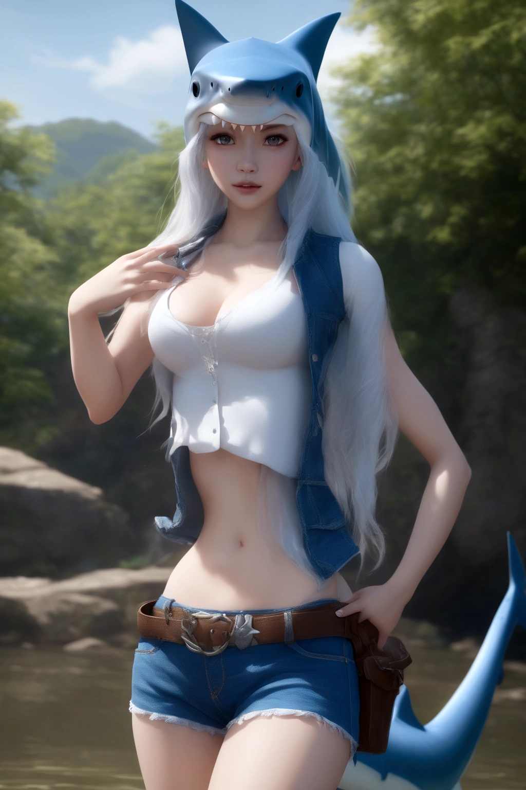 masterpiece, best_quality, ultra-detailed, highres, UHD, 4K, 8K, 1girl, solo, beautiful_and_delicate, human, anthro, anthromorph, anthro-shark, anime_girl, shark_fin, glossy_skin, white_skin, shark_tail, sharp_teeth, crop top, blue jean shorts, water_theme, cowboy_shot, full body view