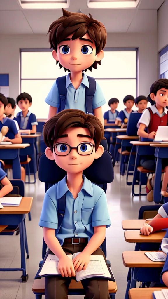 A student boy, in high school student clothes, They are sitting in the classroom, They are sitting in the classroom, taking the test, looking at the notebook, there are other students in the room and they are all studying and taking the test. everyone is focused on studying.