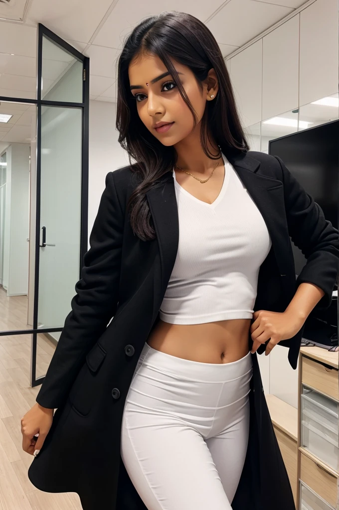 Indian girl at office in white tight shirt wit black coat