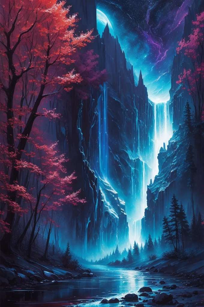 a river of dreams flowing in the cradle of the universe, dreamy setting, intense deep colors, radiant lights, detailed painting