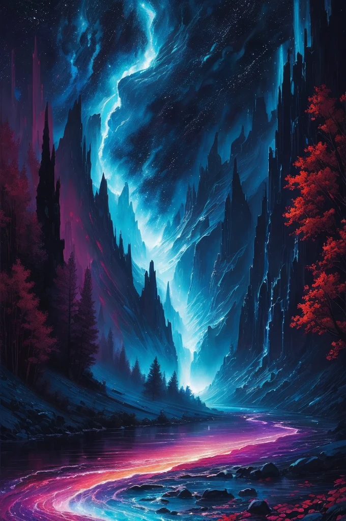 a river of dreams flowing in the cradle of the universe, dreamy setting, intense deep colors, radiant lights, detailed painting