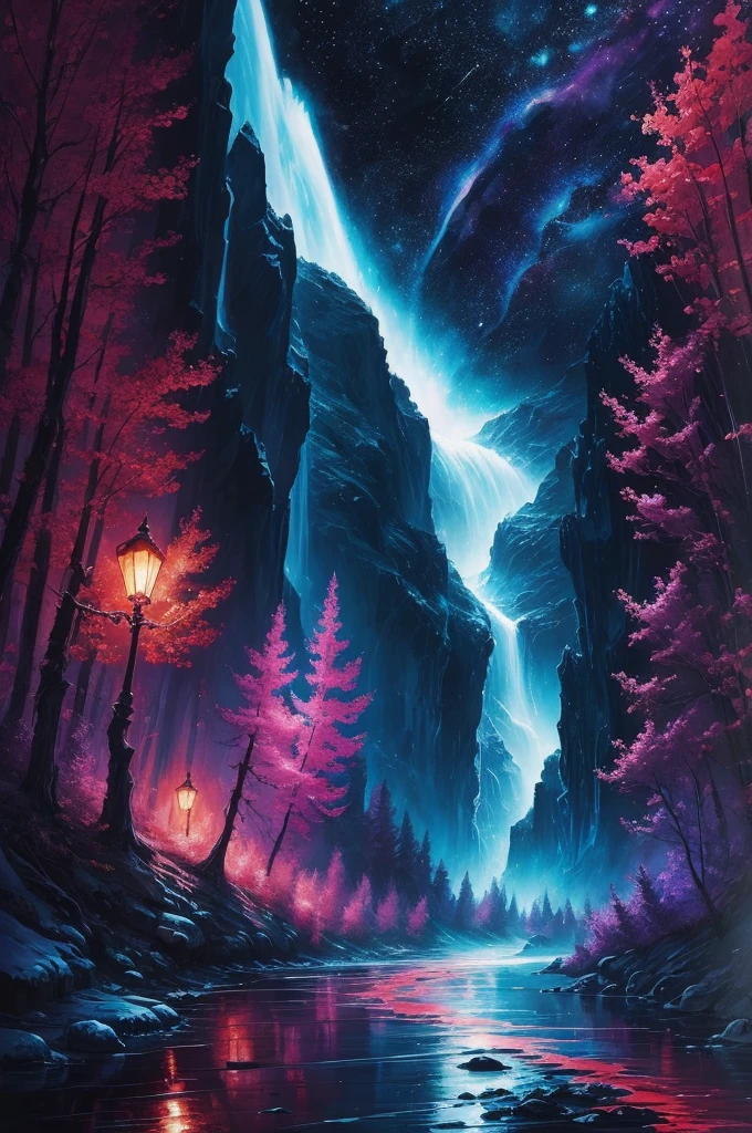 a river of dreams flowing in the cradle of the universe, dreamy setting, intense deep colors, radiant lights, detailed painting