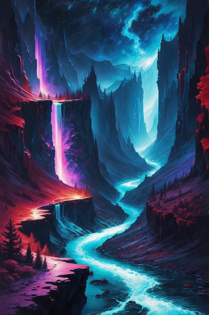 a river of dreams flowing in the cradle of the universe, dreamy setting, intense deep colors, radiant lights, detailed painting