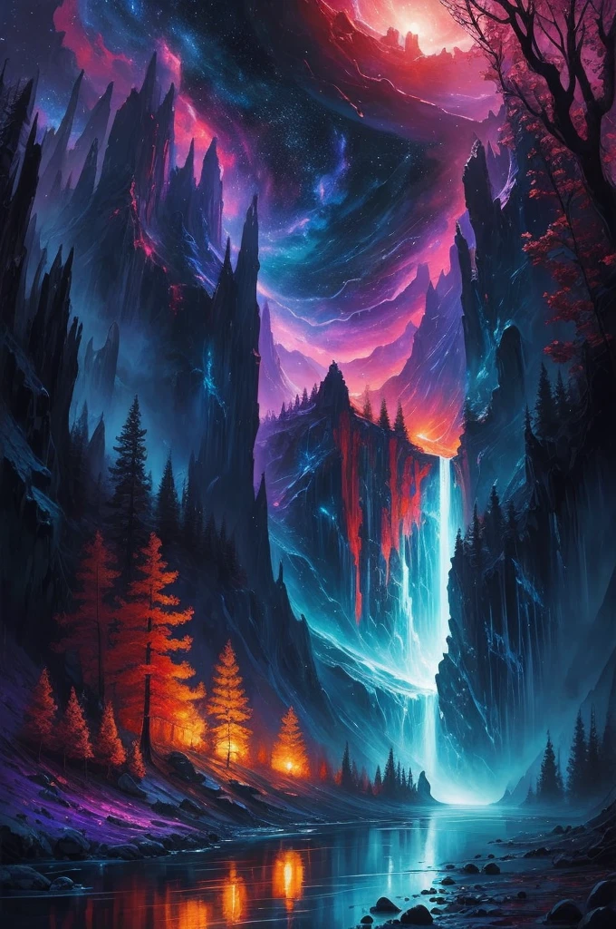 a river of dreams flowing in the cradle of the universe, dreamy setting, intense deep colors, radiant lights, detailed painting