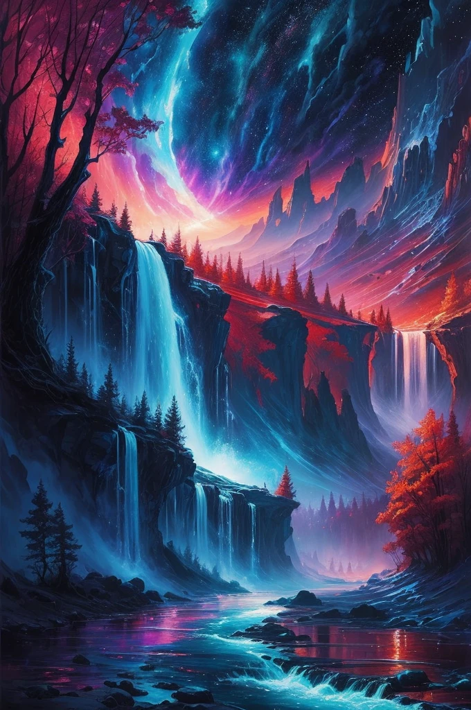 a river of dreams flowing in the cradle of the universe, dreamy setting, intense deep colors, radiant lights, detailed painting