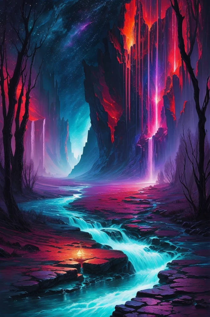 a river of dreams flowing in the cradle of the universe, dreamy setting, intense deep colors, radiant lights, detailed painting