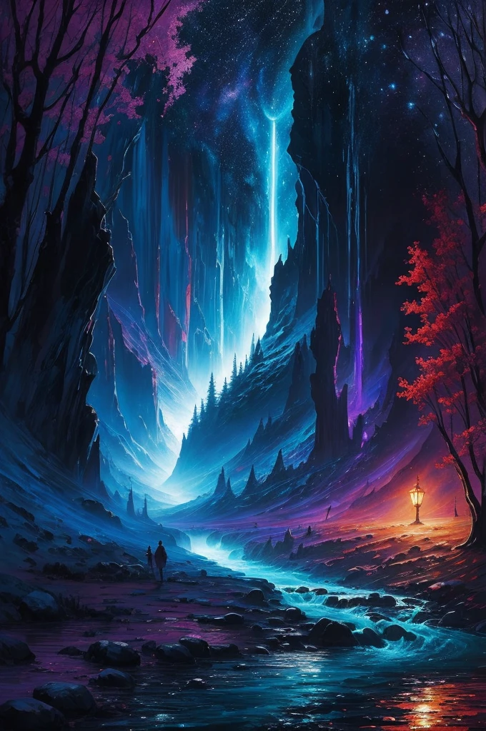 a river of dreams flowing in the cradle of the universe, dreamy setting, intense deep colors, radiant lights, detailed painting