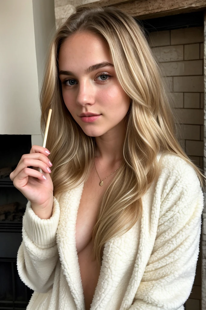 A 18-year-old blonde woman, ((hiperrealismo))textured skin,goosebumps, perfect eyes. Blonde hair with light brown roots. cabello rubio, Hair with brown roots, extra long hair, really long hair. photo taken with iPhone, cleavage, Porta 160 color. Having coffee next to the fireplace, wearing fluffy fluffy jacket. Holding a lollipop in her hand
