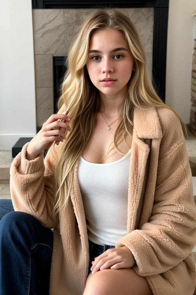 A 18-year-old blonde woman, ((hiperrealismo))textured skin,goosebumps, perfect eyes. Blonde hair with light brown roots. cabello rubio, Hair with brown roots, extra long hair, really long hair. photo taken with iPhone, cleavage, Porta 160 color. Having coffee next to the fireplace, wearing fluffy fluffy jacket. Holding a lollipop in her hand