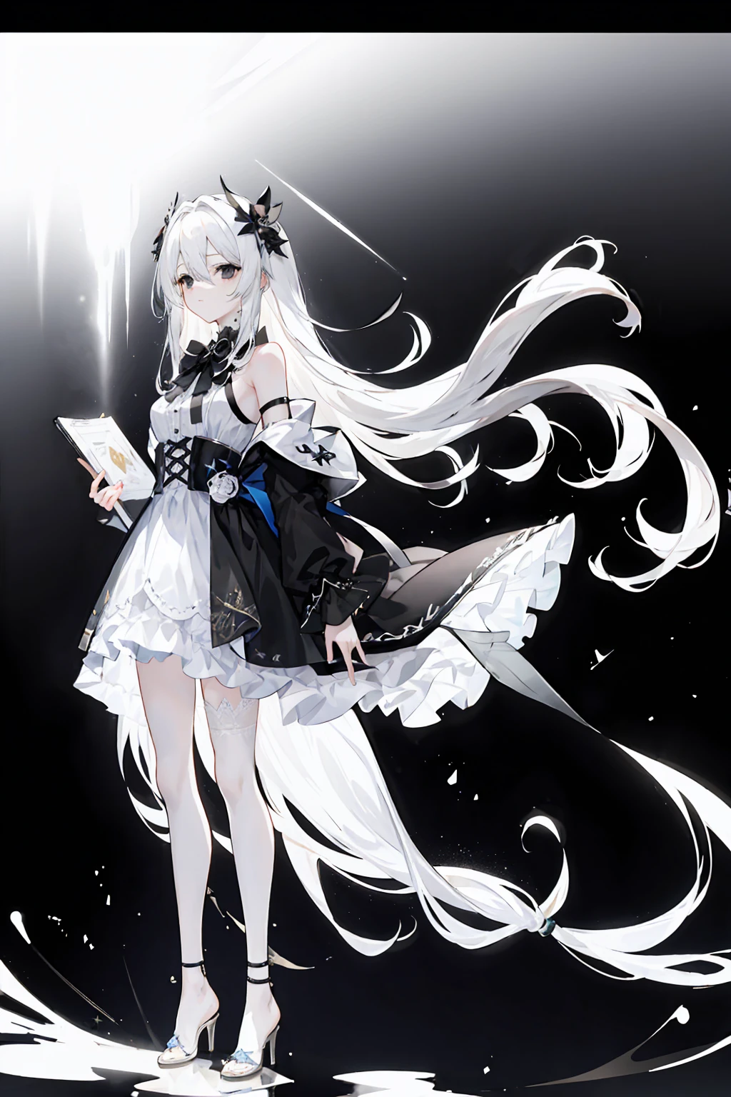 Light Gradient Hair,Asymmetrical hair,((Thick hair 1.8,Clear head outline 1.6)), Shoulder-length hair, Messy hair, Very long hair, Shiny hair,(Long white hair:1.2),A beautiful girl,(Luxury Platinum Mini ta,Made of transparent material),(Transparent clothes transparent 1.8),Perfect body,High,Slender,(Looks sad,Looks haggard、Looks haggard、Pale nipples ,Grief,shut your mouth:1.2) Against the background of an unusually bright dark starry sky,stand up(Put your hands behind you),(round, Large target, Firm breasts),barefoot,float,water surface,(Long Law,Long Law,Long Law,Complete),Full body image,(Black eyes:1.5)