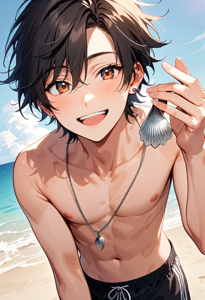 A young man, 22-years-old, solo, Caucasian, masculine face, shaggy tousled black hair, brown eyes, cheerful smile, mouth open, no shirt, shirtless, black swimming trunks, thin silver necklace, small silver earrings, beach, holding a seashell
