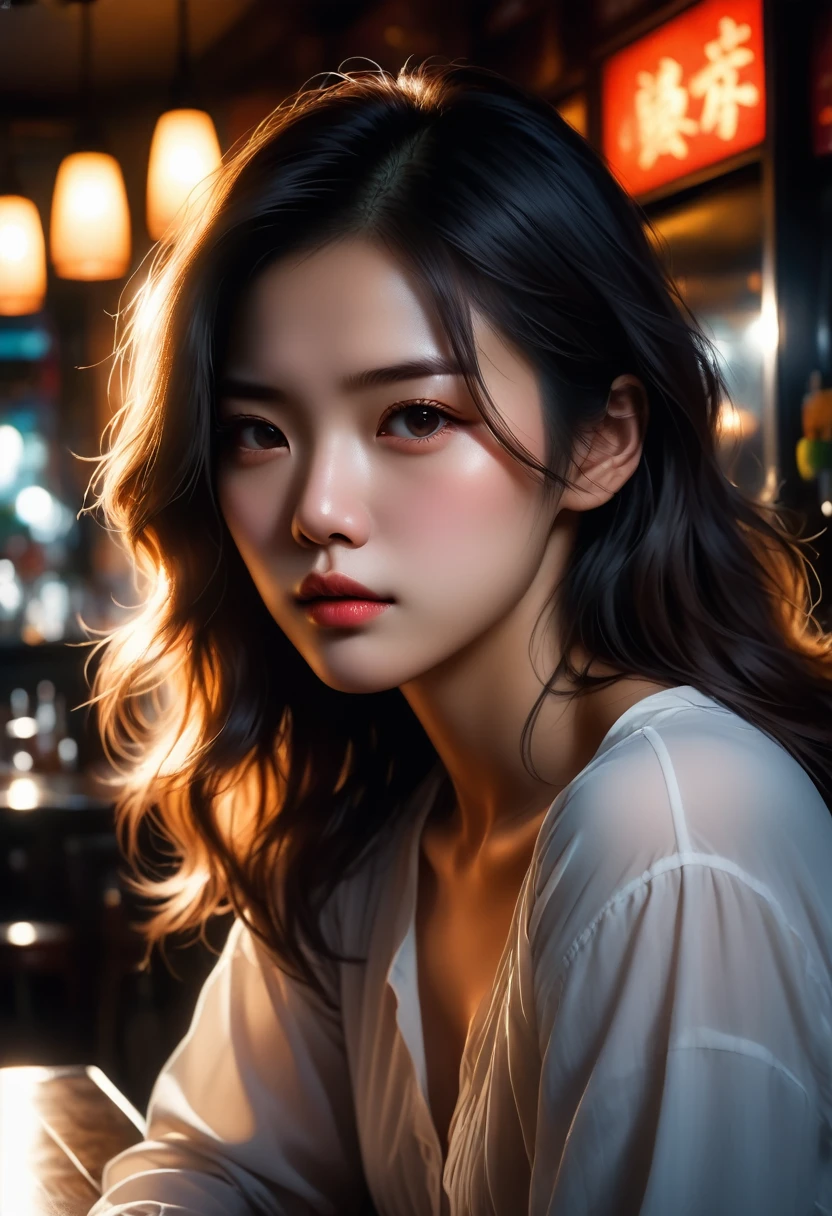 (best quality,high resolution,masterpiece:1.2),Extremely detailed,(Practical,Reality,Photo-realistic:1.37),Sad Asian woman sitting in a dim cafe at night,Backlit portrait,Darkroom Portraits,Close-up of woman with hair,Darkroom scene,The trait of a mysterious woman,outlined silhouettes,Backlit hair,Girl with glowing lens flare,High contrast portrait,dramatic backlight,Light shines on the face,Mysterious portrait,Silhouette of a woman,飘逸的Backlit hair
