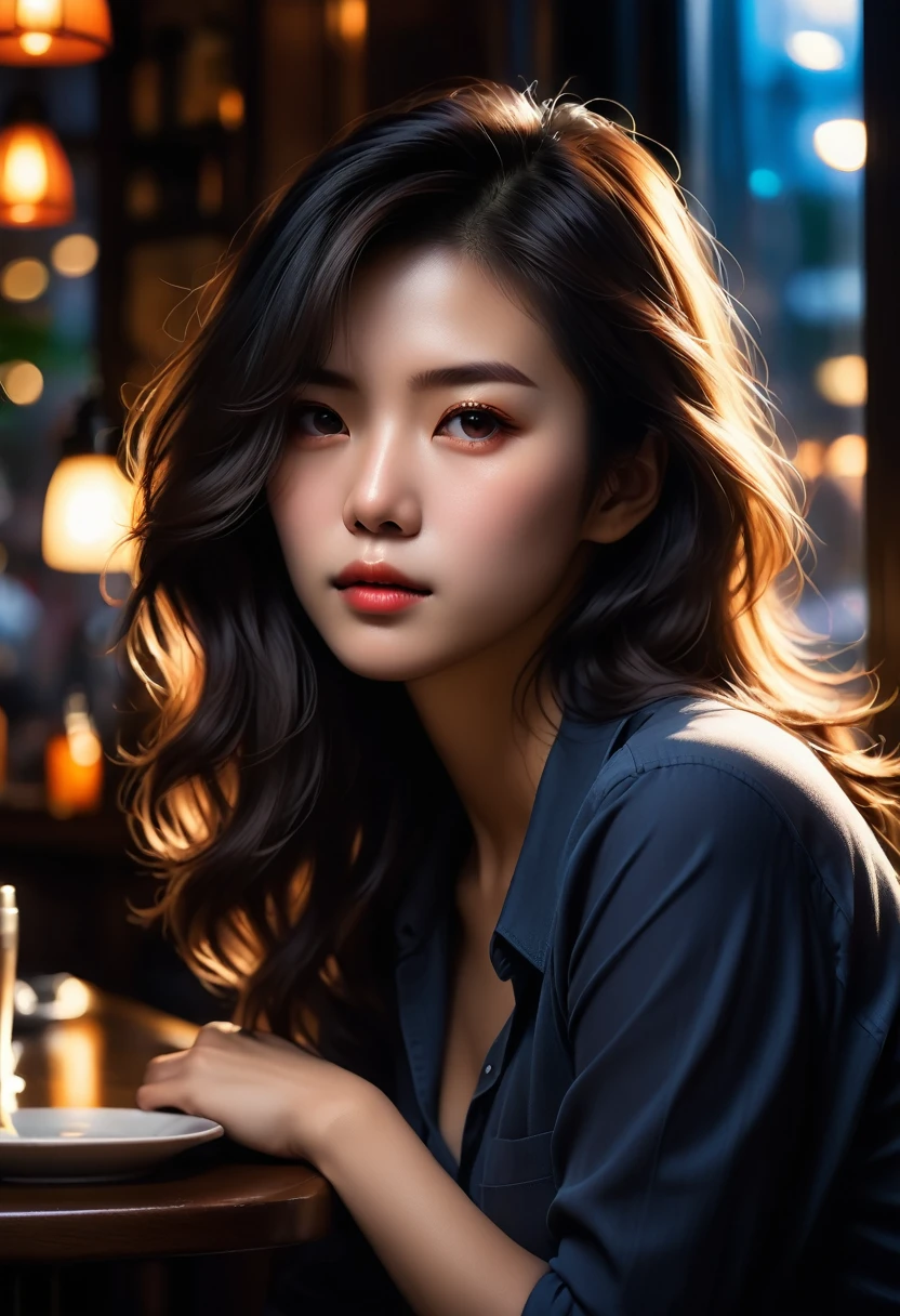 (best quality,high resolution,masterpiece:1.2),Extremely detailed,(Practical,Reality,Photo-realistic:1.37),Sad Asian woman sitting in a dim cafe at night,Backlit portrait,Darkroom Portraits,Close-up of woman with hair,Darkroom scene,The trait of a mysterious woman,outlined silhouettes,Backlit hair,Girl with glowing lens flare,High contrast portrait,dramatic backlight,Light shines on the face,Mysterious portrait,Silhouette of a woman,飘逸的Backlit hair