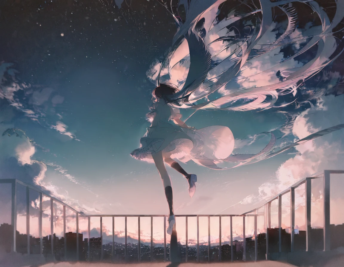 high quality, best quality, by rella, 1girl, solo, sky, cloud, scenery, outdoors, dress, railing, night time, neon colors, city lights, white dress, short sleeves, wide shot, black socks, centered