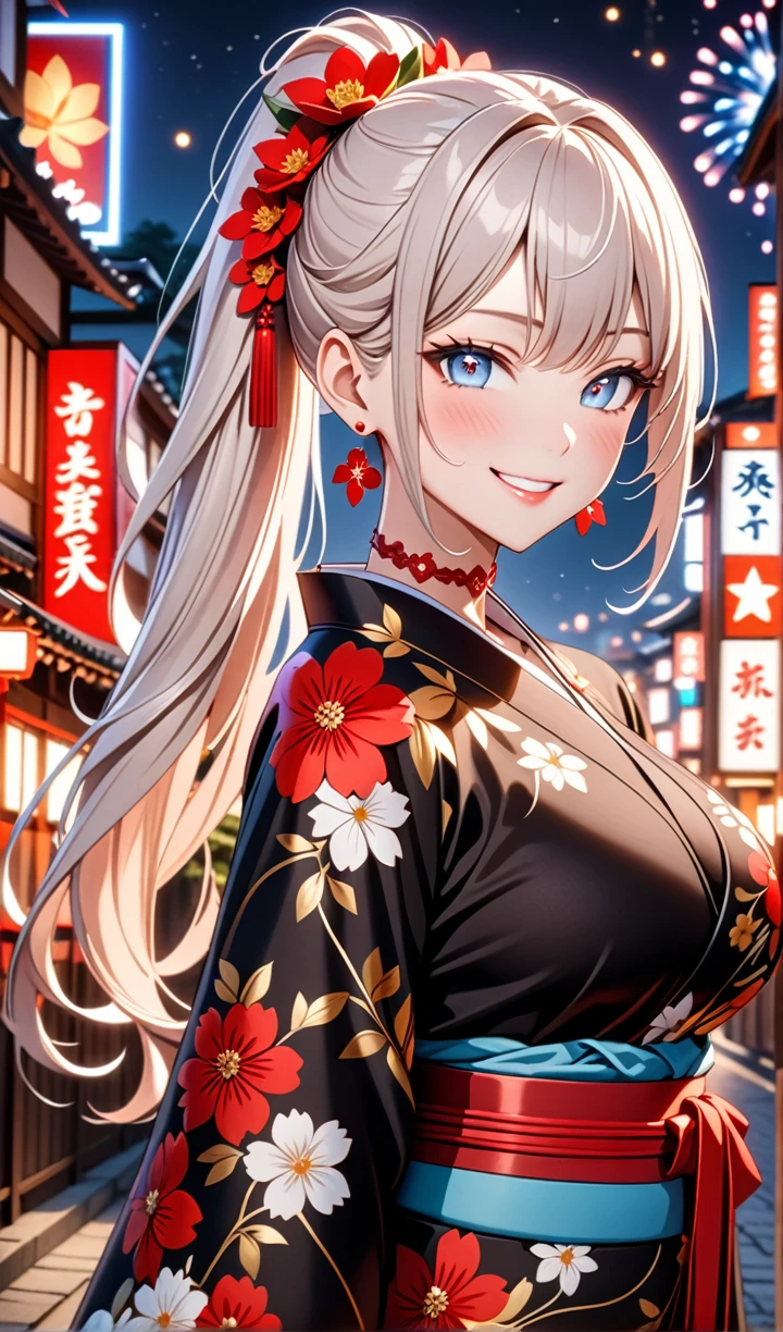 ultra-detailed, ((one girl)), hyper detailed, absurdres, 8K,Cute face, (Laugh shyly), ((teasing smile:1.8)), ((Wink:1.7)), (Laugh with your mouth wide open:1.3),(Tilt your head:1.3), (Doing sexy poses:1.3), View your viewers, ((Bright red cheeks:1.6)),Glossy Red Lips, ((Big Breasts:1.5)) (valley), night, Fantastic fireworks, (Brighten your face), ((Anime style background)),masterpiece, Highest quality, so beautiful,Latest, Complex details, (Pink long nails), (nail art), (ring),(bracelet), (Floral Choker),AI-generated, Complex,High resolution, Highest quality, super high quality,3D Images、3D Images,One person,Long white hair,(High Ponytail), Anime woman posing for a photo, ((Fine grain, pale blue eyes:1.2)), ((glowing eyes:1.4)), (Squint your eyes:1.1),a hyperRealistic , hyperRealistic , Realistic,Anime woman with long white hair, Smooth anime CG art, With gold embroidery、A girl in a gorgeous kimono, ((Black long sleeve kimono:1.5)),((Red large floral pattern)) ,Long flower hair ornament,Floral Earrings,Mature Body,tall,Abdominal muscles,Narrow waist,((arched back:1.9)),(front view),