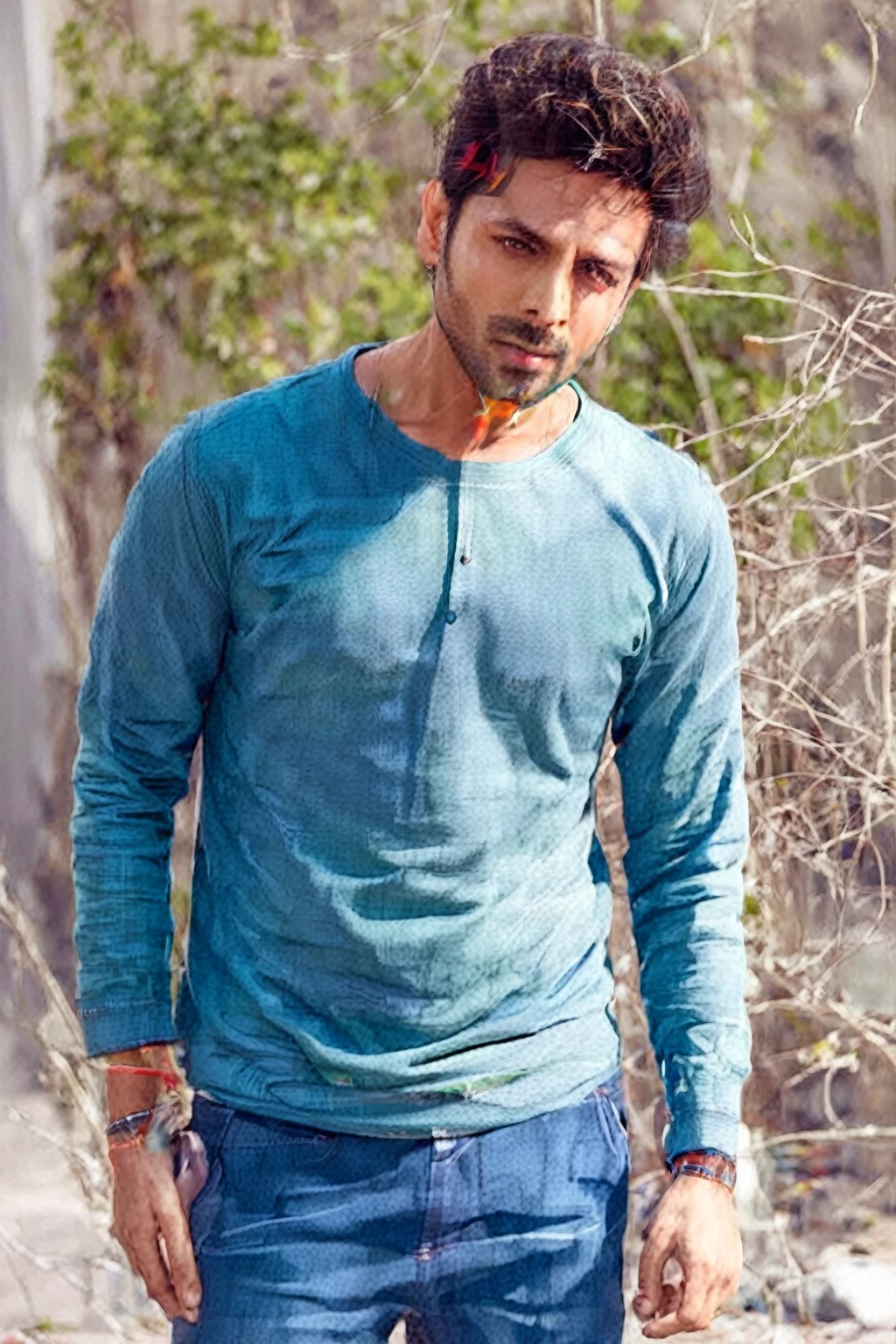 araffe man in blue shirt and jeans standing on a skateboard, handsome man, kyza saleem, modeling session, Attractive and beautiful, green shirt, handsome man, fair blue t-shirt, mid shot portrait, Khyzyl Saleem, cute and attractive, casual photography, in teal clothes, wearing tight shirt, male model, in a dark teal polo shirt