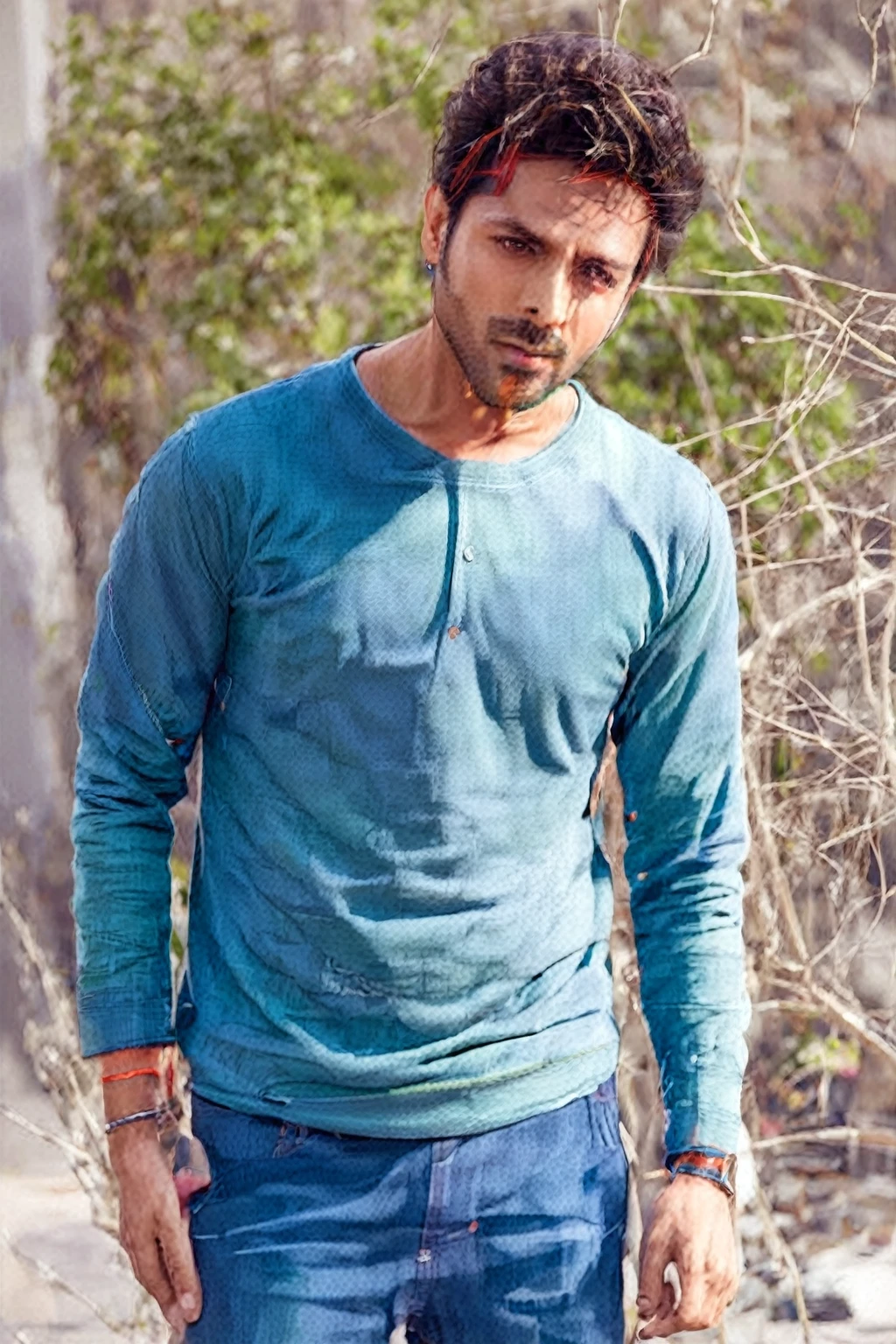 araffe man in blue shirt and jeans standing on a skateboard, handsome man, kyza saleem, modeling session, Attractive and beautiful, green shirt, handsome man, fair blue t-shirt, mid shot portrait, Khyzyl Saleem, cute and attractive, casual photography, in teal clothes, wearing tight shirt, male model, in a dark teal polo shirt