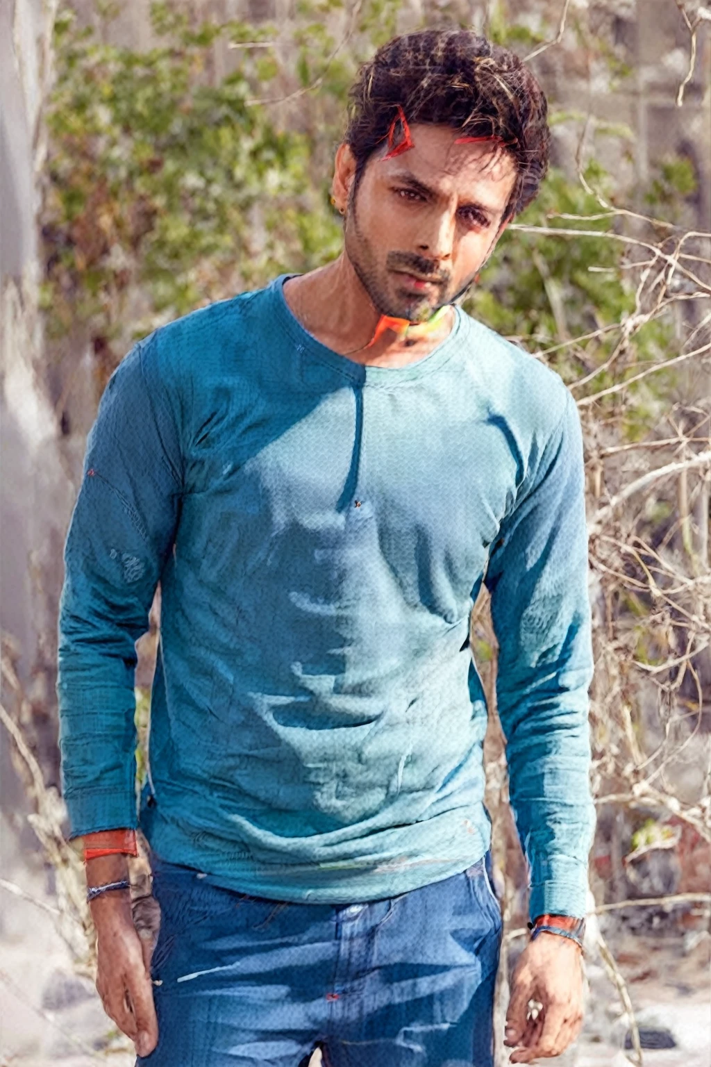 araffe man in blue shirt and jeans standing on a skateboard, handsome man, kyza saleem, modeling session, Attractive and beautiful, green shirt, handsome man, fair blue t-shirt, mid shot portrait, Khyzyl Saleem, cute and attractive, casual photography, in teal clothes, wearing tight shirt, male model, in a dark teal polo shirt