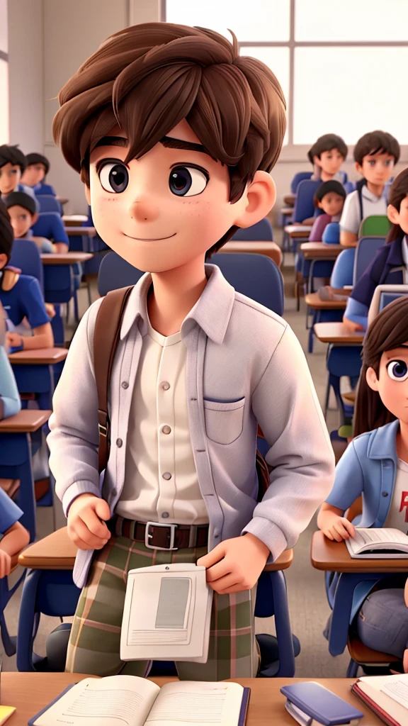 A student boy, in high school student clothes, They are sitting in the classroom, They are sitting in the classroom, taking the test, looking at the notebook, there are other students in the room and they are all studying and taking the test. everyone is focused on studying. closeup.