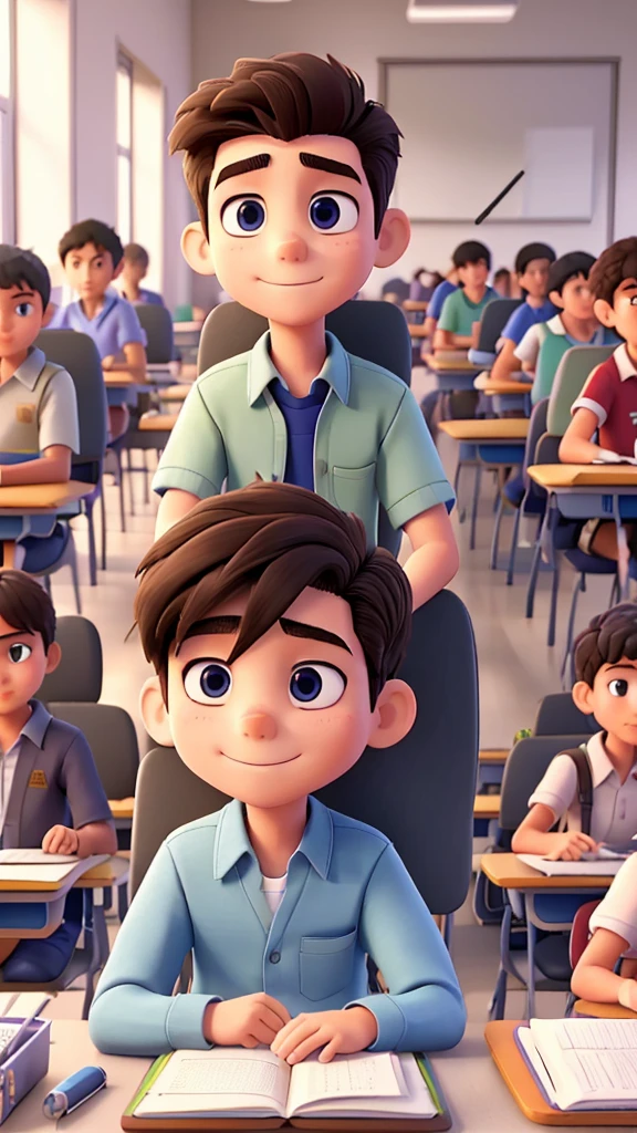 A student boy, in high school student clothes, They are sitting in the classroom, They are sitting in the classroom, taking the test, looking at the notebook, there are other students in the room and they are all studying and taking the test. everyone is focused on studying. closeup.