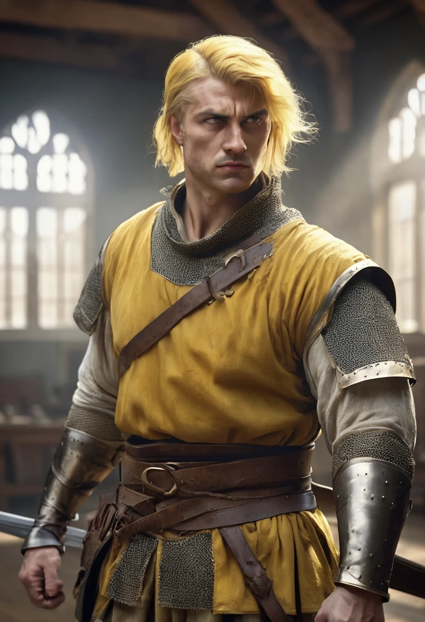 1 man, in medieval fighting training clothing, inside a training room, detailed facial features, light and masculine eyes, detailed light dark skin, short mustard yellow hair, strong expression, dramatic lighting, cinematic composition, cold and palette cold-colored and in the sun, atmospheric fog, strong chin, virile man, sweaty body (best quality, 4K, 8K, high resolution, art: 1.2), ultra-detailed, (realistic, photorealistic, photorealistic: 1.37)