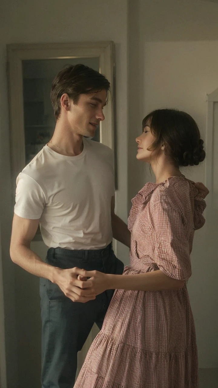 a couple dancing where the woman has long, dark hair and the man has completely BLONDE hair and their faces are fully visible and eyes open