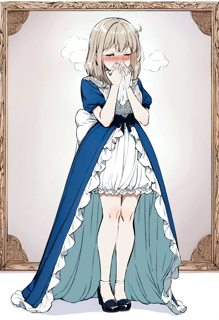 Anime. Girl. Cold. Runny nose. Nasal mucus. Snot. Snot flows from the nose. Handkerchief. Sneeze. Sneezing. Sneezes. Dress. Shoes. Standing. Embarrassment. Blush. Allergy. Strong desire to sneeze. She sneezed. hand covers nose. Blows his nose. Full height. Full body. High detail.