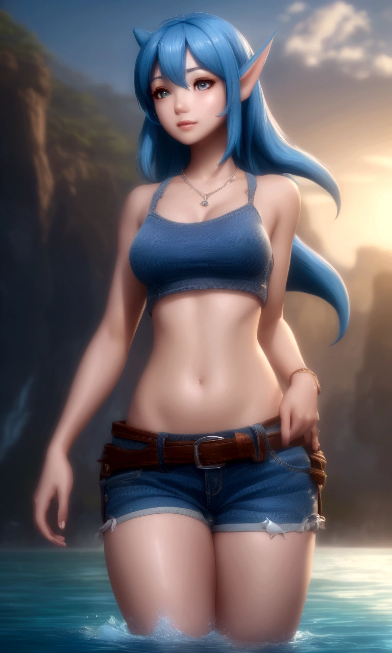 masterpiece, best_quality, ultra-detailed, highres, UHD, 4K, 8K, 1girl, solo, beautiful_and_delicate, human, anthro, anthromorph, anthro-shark, anime_girl, glossy_skin, Blue_skin, shark_tail, sharp_teeth, crop top, blue jean shorts, water_theme, cowboy_shot, full body view
