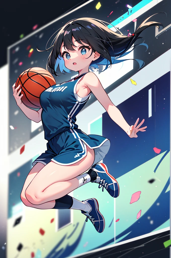 Highest quality、High resolution、Detailed Background、Beautiful Face、High detail、(Perfect Anatomy, Perfect Style)、(Detailed facial expressions)、(fine grain:1.2)、Teenage Beauty、(very wide shot:1.5, full body:1.4), One Girl、, Cute black hair、Braided Bob, Braided, clear, deep blue eyes、Braided Ponytail, Braided bob cut, Basketball game in the gym, jumping:1.5, dunking:1.5, brake, Incredible jumping ability:1.5, Suspended in the air in a shooting position:1.5, Incredible jumping power and long flight times, ((aerial view:1.5, shoot from behind:1.5, looking away)), (Bright red basketball uniform:1.5, White Line、Same color above and below, No sleeve:1.5, Shorts, High-cut basketball shoes)、(armpit:1.2), ((large breasts:1.2, pointy breasts:1.2, high breasts:1.2)), Throw a basketball held above your head into the top of the goal, Dunk Shot、The goal ring is 3m above the ground.