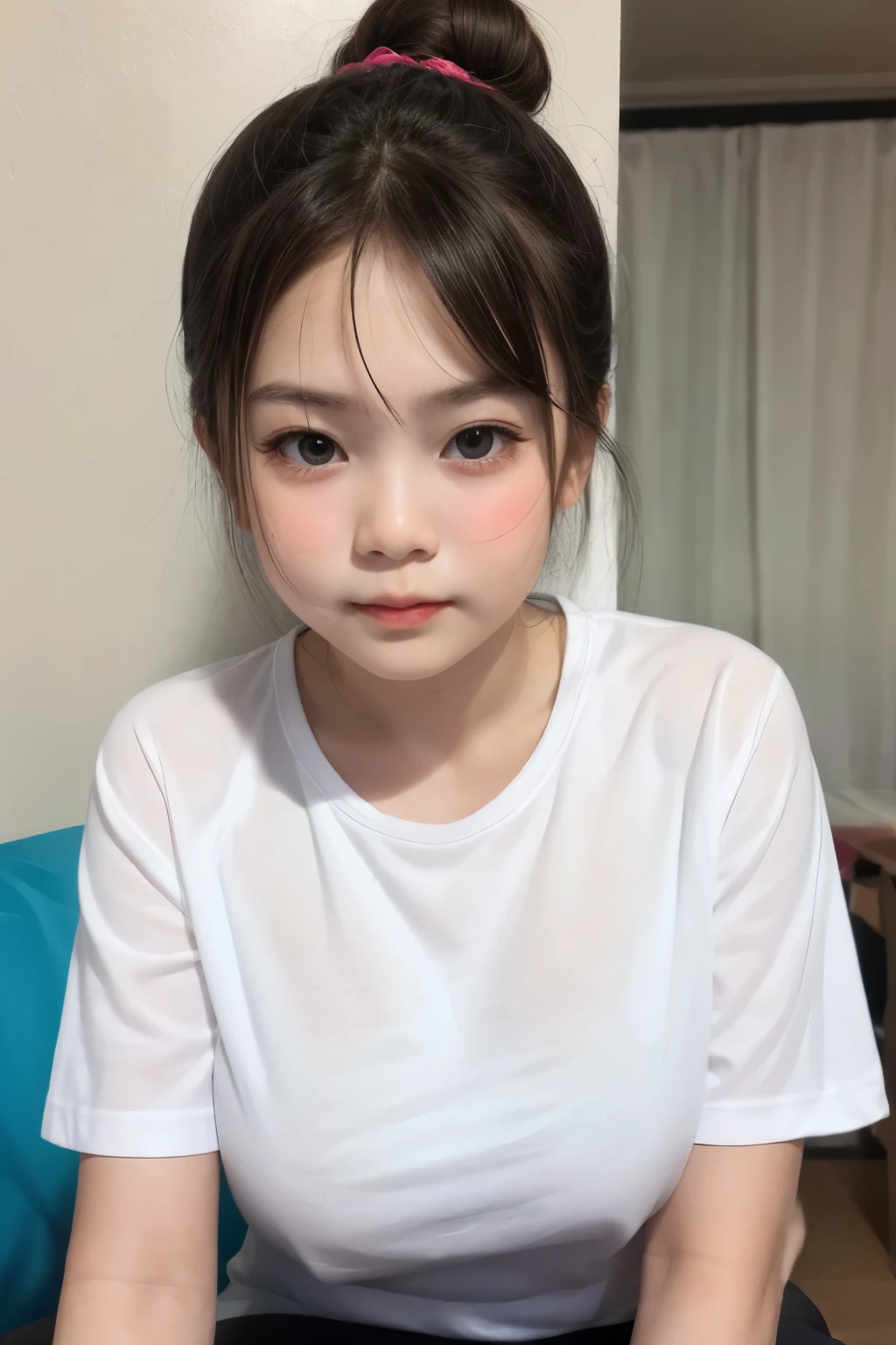 adorable, 1 girl, (face to face), , baby face, happy, half body portrait, (face details: 1), (eye details:1), ((big breasts)). wearing transparent transparency long shirt, .. Cute posed. proportional body. Ultra High Res. realistic: 1.4, UHD, poke a bun Hairstyle , lace