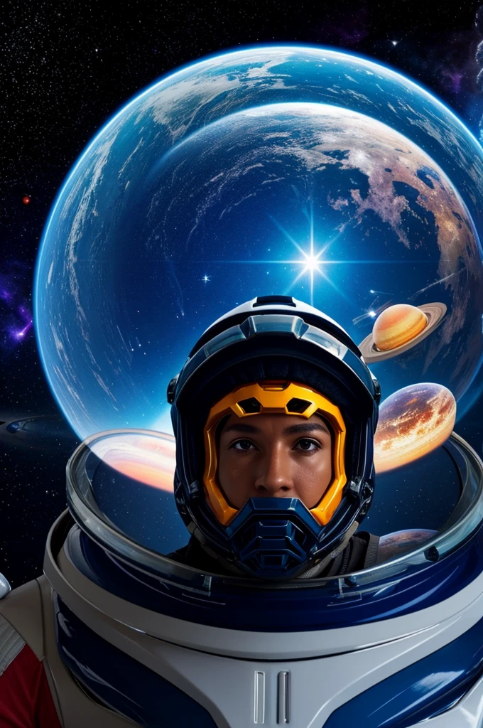 Space shark in a spacesuit swimming among colorful planets and stars. Detailed spacesuit with transparent helmet, inside which you can see the shark's head. Bright gas giants and rocky planets in the background. Nebulae and star clusters illuminate the scene. Realistic style with science fiction elements.