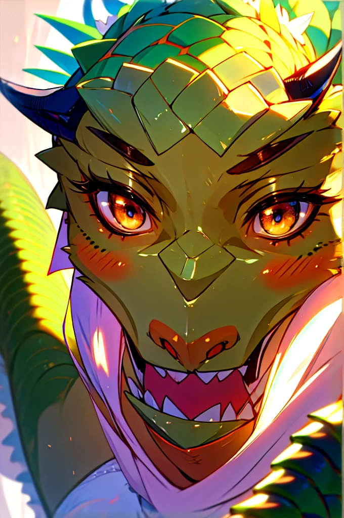 anime, hdr, soft light, ((best quality)), ((masterpiece)), (detailed), lustyargonian, maid, colored skin, green skin, maid headdress, panties, white panties, tail, horns, (scales:1.2), (snout, animal nose:1.1), blush, embarrassed, (looking at viewer:1.1), holding broom, mansion