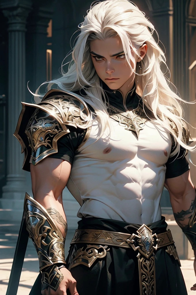 a beautiful warrior with long white hair, detailed armor, masculine features, photorealistic, highly detailed, cinematic lighting, fantasy art, intricate details, dramatic pose, muscular physique, piercing gaze, glowing weapons, dramatic shadows, epic scene, heroic, masterpiece