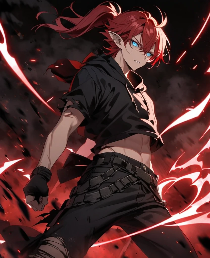 male,5'4,pierced pointy ears,light skin,blue eyes,red long hair half up half down,black albow length fingerless gloves,ripped red short sleeve cropped hoodie,black tight shirt,ripped black jeans,darkness in his eyes,dark magic,on a battle field