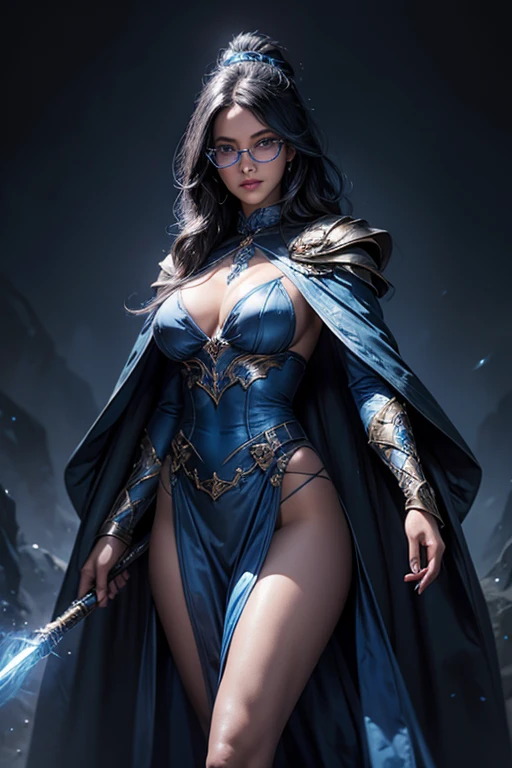 a sexy hair blueed girl, beautiful detailed eyes, beautiful detailed lips, extremely detailed face and portrait, hair blue, nerd glasses, magic, wand, spell, fancy, dark mystical background, dramatic lighting, cinematic, hyper detailled, 8K, photorrealistic,corpo sexy, long magic cloak , showing off your sexy legs INFO
