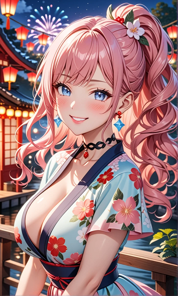 ultra-detailed, ((one girl)), in pastel colors girl, hyper detailed, absurdres, 8K, Beautiful Face, (Laugh shyly), ((teasing smile:1.8)), ((Wink:1.8)), (Laugh with your mouth wide open),(Tilt your head:1.3), ((put index finger on mouth:1.3)), View your viewers, ((Bright red cheeks:1.6)),Glossy Red Lips, ((:1.5)), (valley),night, Riverside,On Bridge, firework, (Brighten your face), ((Anime style background)),masterpiece, Highest quality, so beautiful,Latest, Complex details, (Pink long nails), (nail art), (ring),(bracelet), (Floral Choker),AI-generated, Complex,High resolution, Highest quality, super high quality,3D Images、3D Images,One person,Pastel pink long hair,(High Ponytail), (wavy hair:1.3), Pastel anime woman posing for a photo, ((Fine grain、blue eyes、glowing eyes:1.4)), (Squint your eyes:1.1),a hyperRealistic , hyperRealistic , Realistic,Anime woman with long pastel pink hair, Smooth anime CG art, A girl in a gorgeous pastel-colored kimono, ((Pastel-colored furisode)),(Pink large floral pattern) ,Long flower hair ornament,Floral Earrings,Mature Body,Abdominal muscles,Tight waist,((arched back:1.9)), (front view),