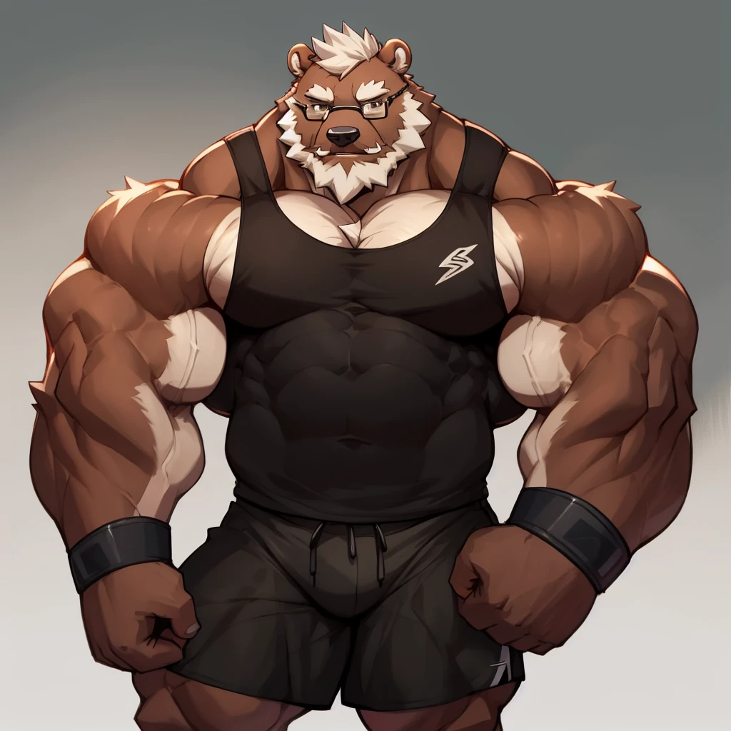 solo, 1boy, Huge Muscular Old Grizzly Bear wearing glasses, correct anatomy, steroid, pectoral, huge pectoral, wide pectoral, short white hair, black gym short pants, black wristbands and black black tank top , bearded, Mustache, gumnasium background, masterpiece, high detailed, 8k, high resolution, at the gym, bending and lifting heavy overloads