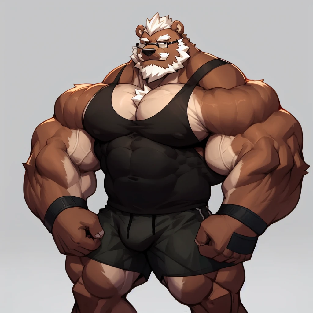 solo, 1boy, Huge Muscular Old Grizzly Bear wearing glasses, correct anatomy, steroid, pectoral, huge pectoral, wide pectoral, short white hair, black gym short pants, black wristbands and black black tank top , bearded, Mustache, gumnasium background, masterpiece, high detailed, 8k, high resolution, at the gym, bending and lifting heavy overloads