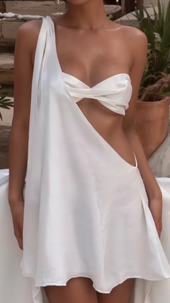 a close up of a woman in a white gown posing for a picture, flowing dress, white sarong, flowing white gown, dress open, soft silk dress, wearing a toga, white silk clothing, flowing dress, lindo silk dress, white gown, wearing toga, beautiful soft and silky dress, low cut dress, long white gown, silk dress, white gown