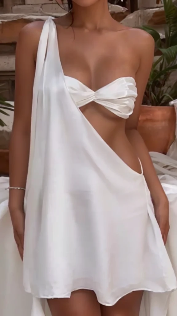 a close up of a woman in a white gown posing for a picture, flowing dress, white sarong, flowing white gown, dress open, soft silk dress, wearing a toga, white silk clothing, flowing dress, lindo silk dress, white gown, wearing toga, beautiful soft and silky dress, low cut dress, long white gown, silk dress, white gown