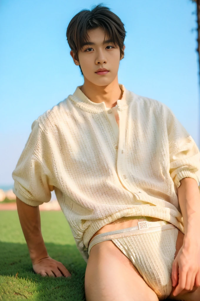 Asian muscular boy sitting on grass, sexy, Dark eyebrows, white shirt, wearing white thong high cut underwaer, white high cut Jockstrap, muscular young male, mid shot portrait, high quality portrait, Attractive pose, cute young man, gorgeous young model, portrait a 25 - year - old boy, casual photography, Realistic. Cheng Yi, cute young man, ((wearing micro string thong))