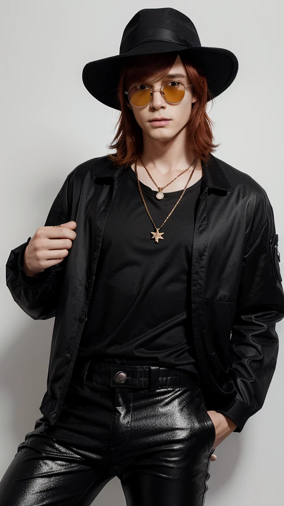 A young man, Bucket black hat, red hair, with golden glasses, with a black puffle jacket and a black shirt with shiny details on the shirt, with a golden triangle necklace, long velvety black pants, white background, studio photo, full bodied 